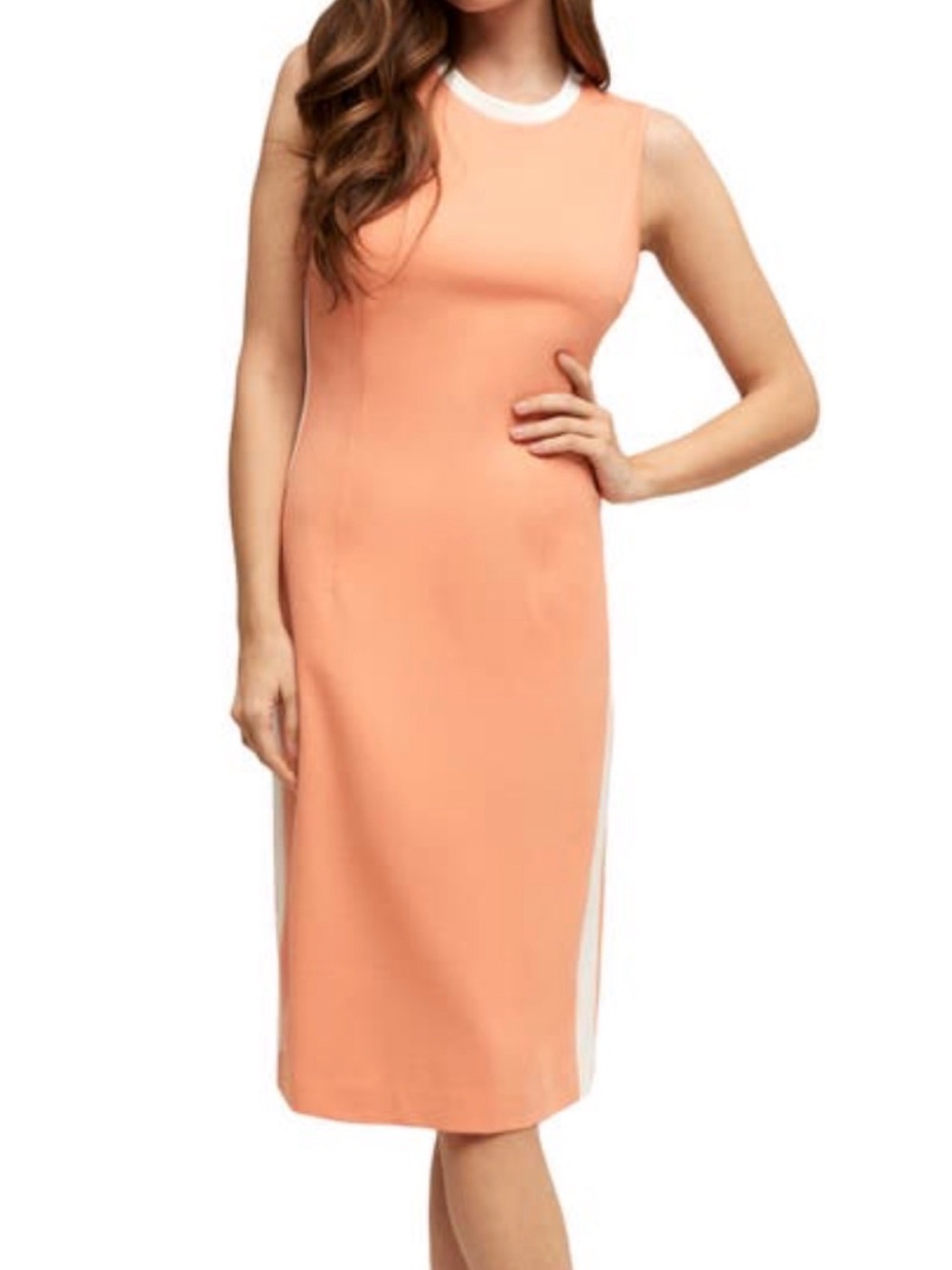 eva mendes for New York & Company Peach Midi Sheath Dress with White Trim
